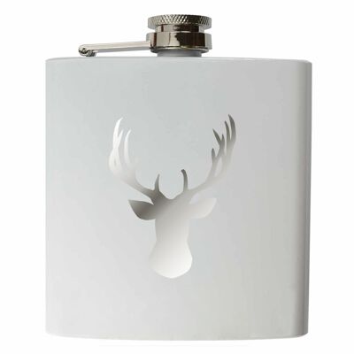 Hip flask made of stainless steel in white with a deer motif