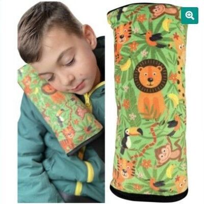 Car sleeping pillow jungle motif for children girls boys - machine washable - cuddly soft - car belt cushion, belt protector, belt protection booster seat, car cushion, travel cushion, vacation