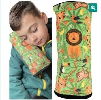 Oreiller de couchage de voiture motif jungle pour enfants filles garçons - lavable en machine - doux et doux - coussin de ceinture de voiture, protège-ceinture, siège d'appoint de protection de ceinture, coussin de voiture, coussin de voyage, vacances 1