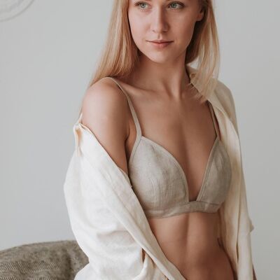 BELLA - Bralette De Lino Blanco Orgánico, Sujetador De Triángulo Suave Para Mujer - Linen Dots