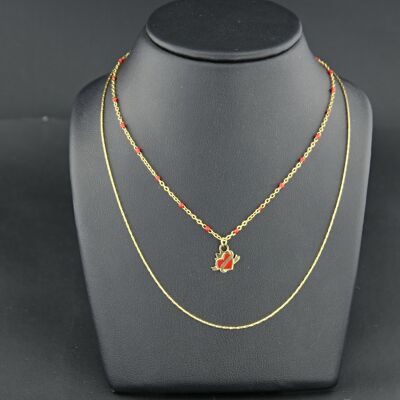 Collier doré double rangs rose rouge