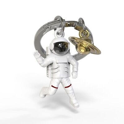 KEYCHAIN metalmorphose® Vectorbox Astronaute avec porte-clés écran noir et breloque dorée Saturne - copyright enregistré