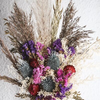 Ampio bouquet di fiori secchi viola, blu e avorio, collezione "Spirit Champêtre" n° 9