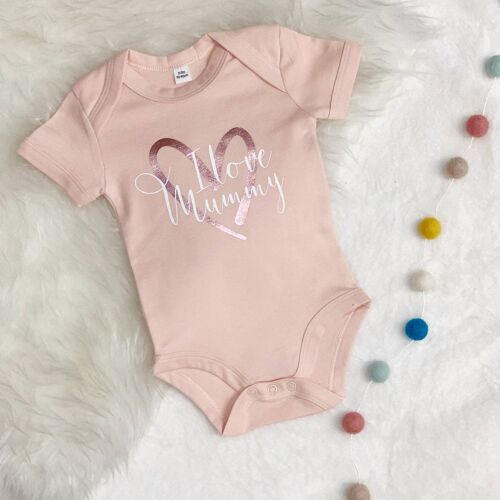 I Love Mummy Rosegold Heart Pink Babygrow
