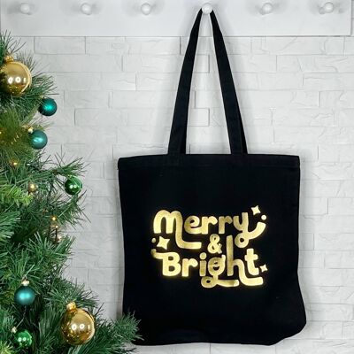 Bolsa tote Merry And Bright Christmas negra y dorada