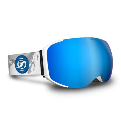 FREERIDE MAGNET | Frame: White, Lenses: Blue, Strap: Grey mountains