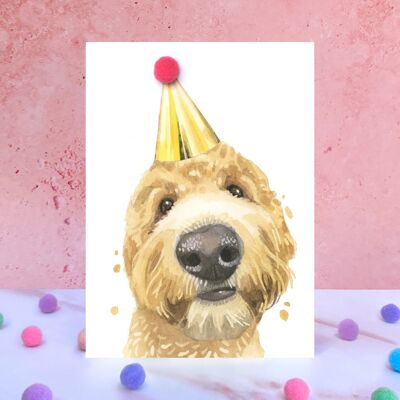 Carte d'anniversaire Golden Doodle Dog pompon