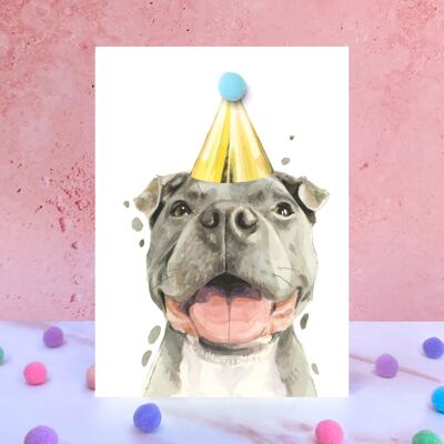 Biglietto di compleanno con pompon per cani Staffy