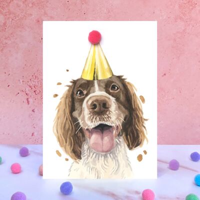 Tarjeta de cumpleaños con pompón de perro Springer Spaniel
