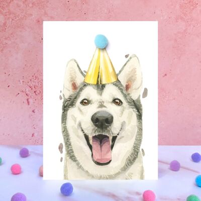 Biglietto di compleanno con pompon cane Husky