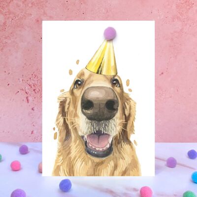 Tarjeta de cumpleaños con pompón de perro Golden Retriever