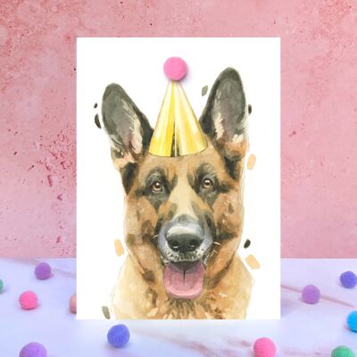 Biglietto di compleanno con pompon cane pastore tedesco