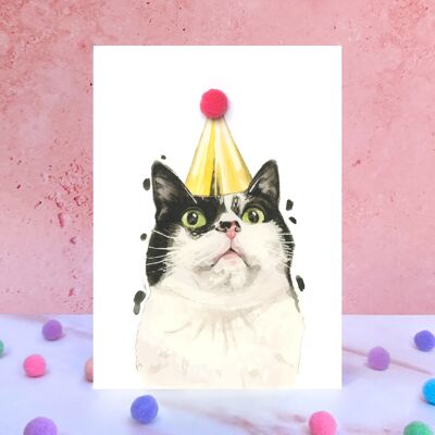Tarjeta de cumpleaños con pompón de gato blanco y negro