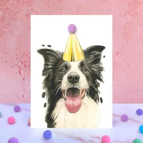 Border Collie Dog Pompom Birthday Card