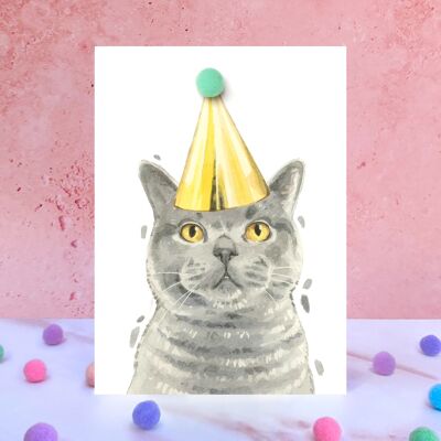 Biglietto di compleanno con pompon gatto British Shorthair