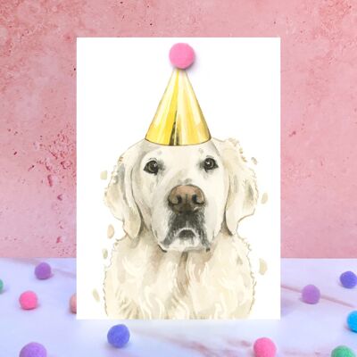 Carte d'anniversaire pompon chien Golden Retriever crème anglaise