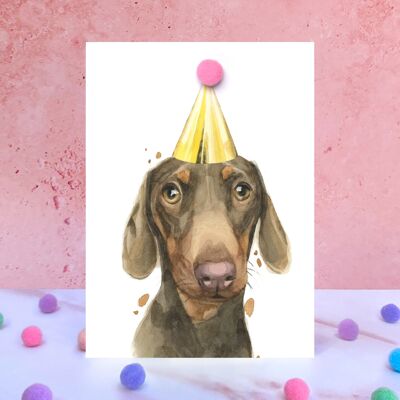 Biglietto di compleanno con pompon cane bassotto
