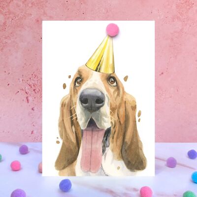 Biglietto di compleanno con pompon per cani Basset Hound