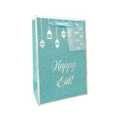 Sac cadeau Happy Eid - A5 - Bleu sarcelle et irisé