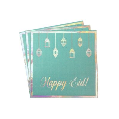 Serviettes Happy Eid Party (paquet de 20) - Bleu sarcelle et irisé