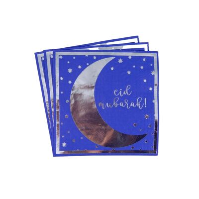Serviettes Eid Mubarak (paquet de 20) - Bleu et argent
