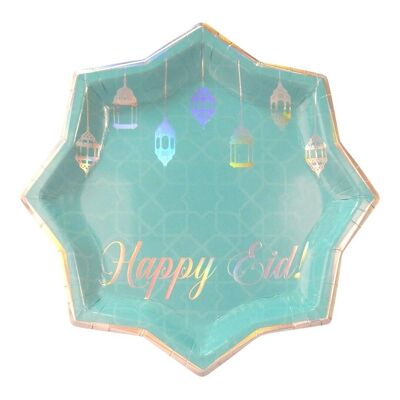 Assiettes Happy Eid Party (paquet de 10) - Bleu sarcelle et irisé