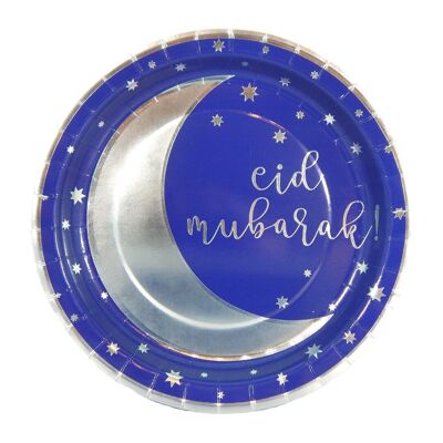 Assiettes de fête Eid Mubarak (paquet de 10) - Bleu et argent