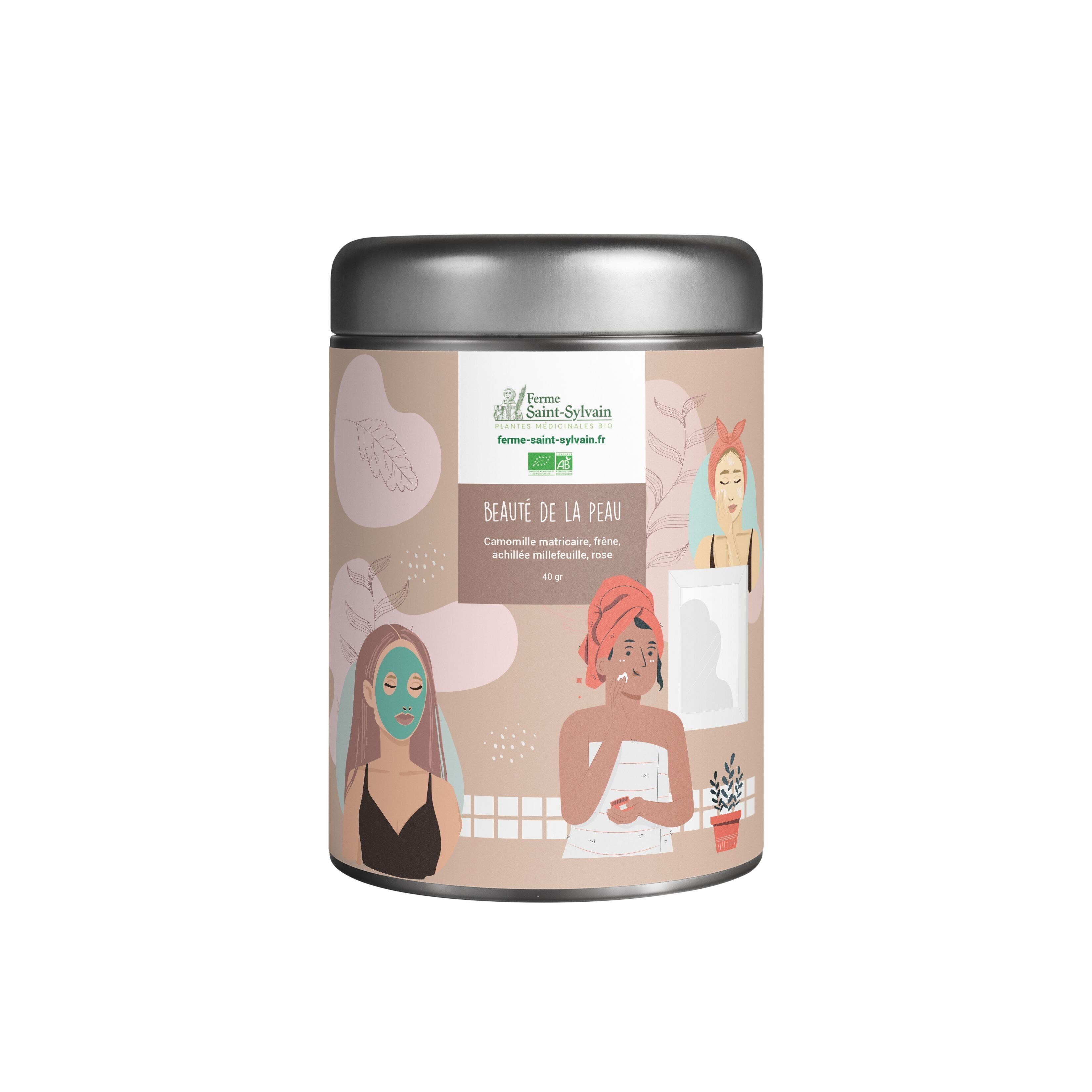 Tisana biologica per la bellezza della pelle: camomilla matricaria, frassino, achillea, rosa