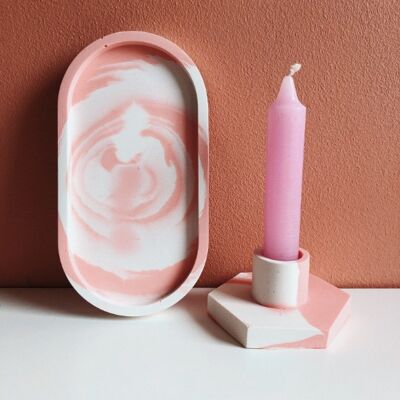 Jesmonite Pink & White Marble Oval Tray & Candlestick Holder