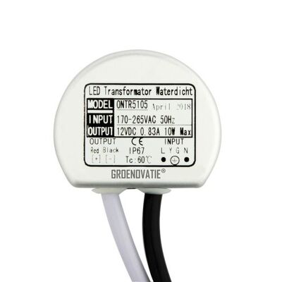 Transformador LED 12V, Máx. 10 vatios, resistente al agua IP67