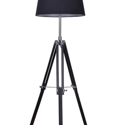 Lámpara de pie con trípode de diseño industrial Rouen cromada con pantalla negra