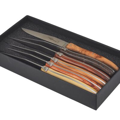 Box of 6 Laguiole Brasserie table knives, assorted wood