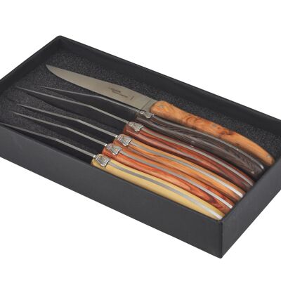 Schachtel mit 6 Laguiole Brasserie Tischmessern, verschiedenes Holz