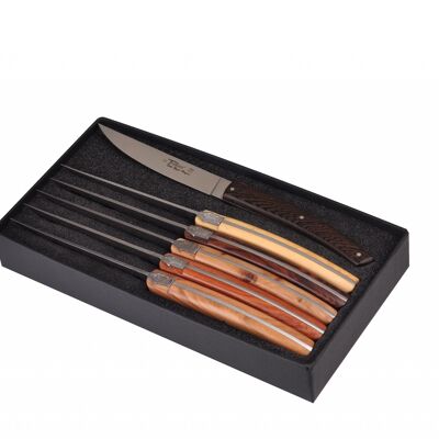 Schachtel mit 6 Thiers Pirou Brasserie Tischmessern, verschiedenes Holz