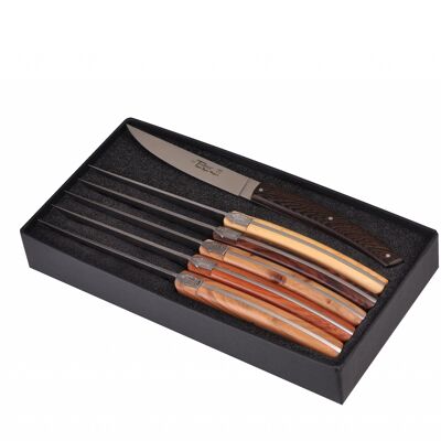 Schachtel mit 6 Thiers Pirou Brasserie Tischmessern, verschiedenes Holz