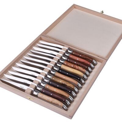 Box of 12 Laguiole Avantage table knives, Assorted wood