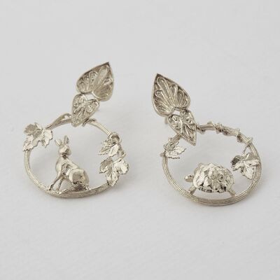 Ornate Tortoise & Hare Loop Earrings - Silver