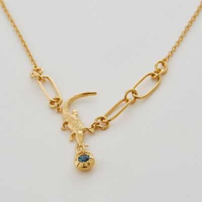 Crocodile Amulet Linked Chain Blue Topaz Necklace - Gold plate