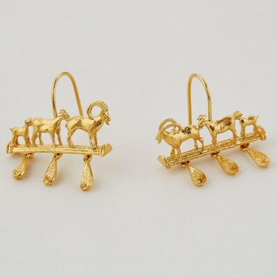 Mountain Goat Family Relic Earrings with Ornate Drops - Gold plate