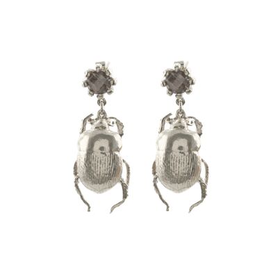 Dor Beetle & Smoky Quartz Drop Earrings - Silver