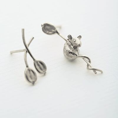 Asymmetric Harvest Mouse & Angelica Stud Earrings - Silver