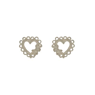 Lace-Edged Heart & Flower Stud Earrings - Silver