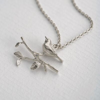 Perched Warbler Bird Necklace - Silver