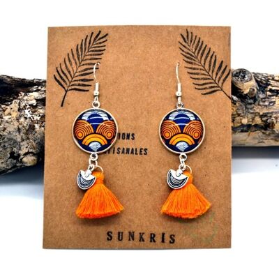Boucles d'oreilles ethniques wax orange bleu argent bijoux femme cabochon