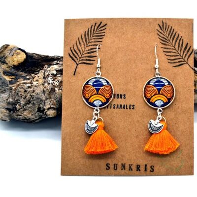 Ethnic earrings wax orange blue silver cabochon woman jewelry