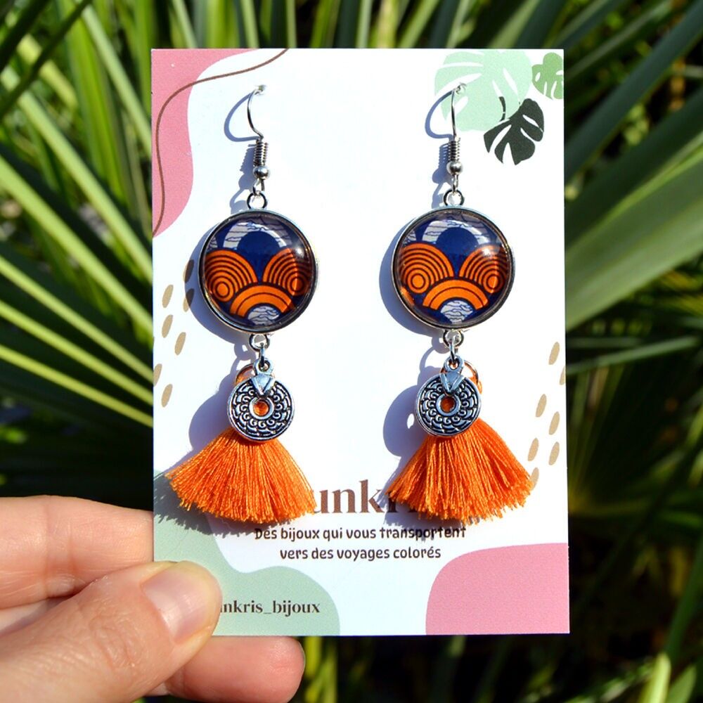 Orecchini etnici cera arancio blu argento cabochon gioielli donna