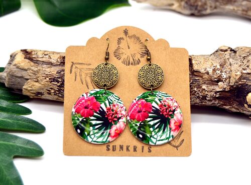 Boucles d'oreilles rondes motifs fleurs exotique hibiscus rose vert connecteur mandala