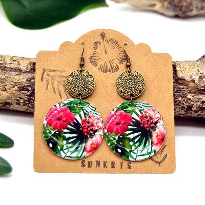 Pendientes redondos con exótico conector mandala de flores de hibisco rosa verde