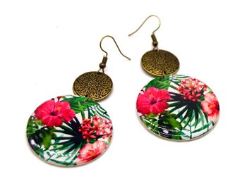 Boucles d'oreilles rondes motifs fleurs exotique hibiscus rose vert connecteur mandala 3