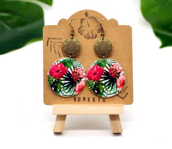 Boucles d'oreilles rondes motifs fleurs exotique hibiscus rose vert connecteur mandala 7
